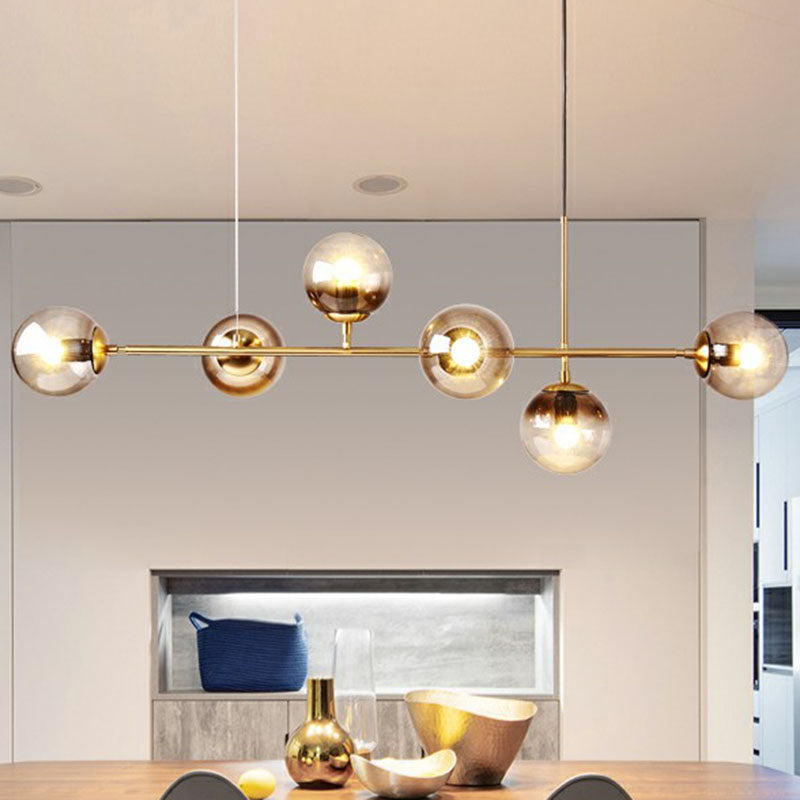 6-Light Linear Dining Room Island Pendant With Postmodern Metallic Finish And Glass Ball Shades