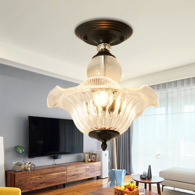 Modern Ribbed Glass Semi Flush Mount Light In Black/Gold - 12/16 Diameter 1 Crystal Ceiling Lamp