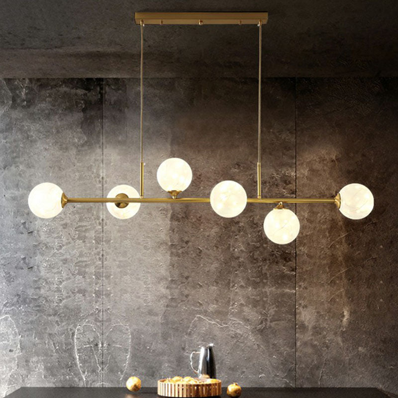 6-Light Linear Dining Room Island Pendant With Postmodern Metallic Finish And Glass Ball Shades