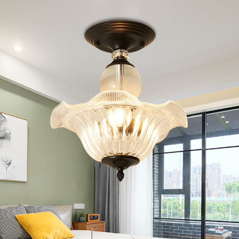 Modern Ribbed Glass Semi Flush Mount Light In Black/Gold - 12/16 Diameter 1 Crystal Ceiling Lamp