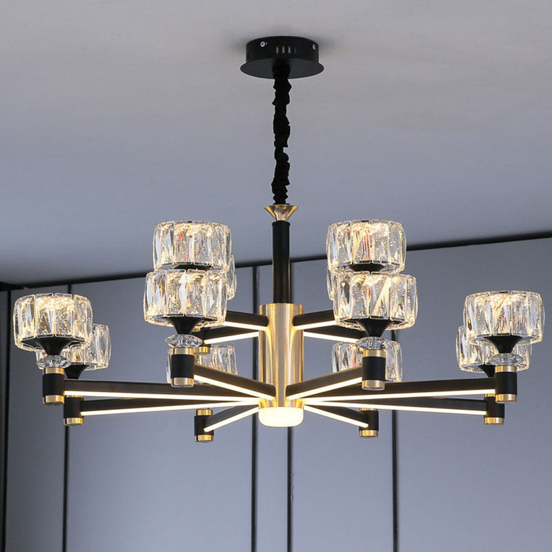 Modern Black Crystal Drum Hanging Light Fixture - Chic Living Room Chandelier