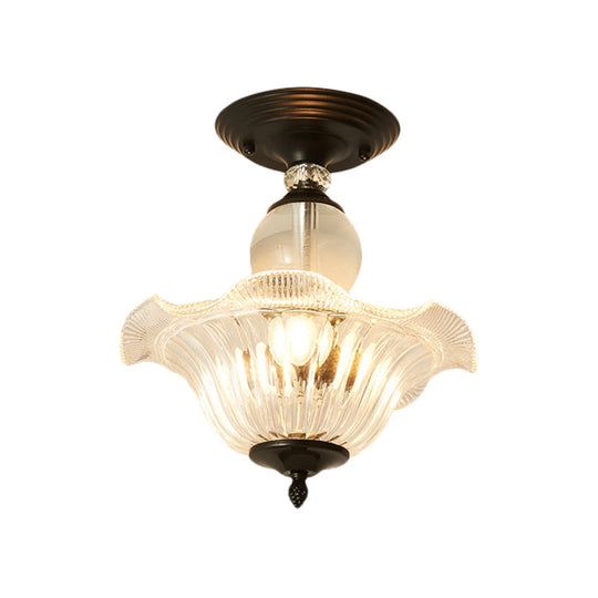 Modern Ribbed Glass Semi Flush Mount Light In Black/Gold - 12/16 Diameter 1 Crystal Ceiling Lamp