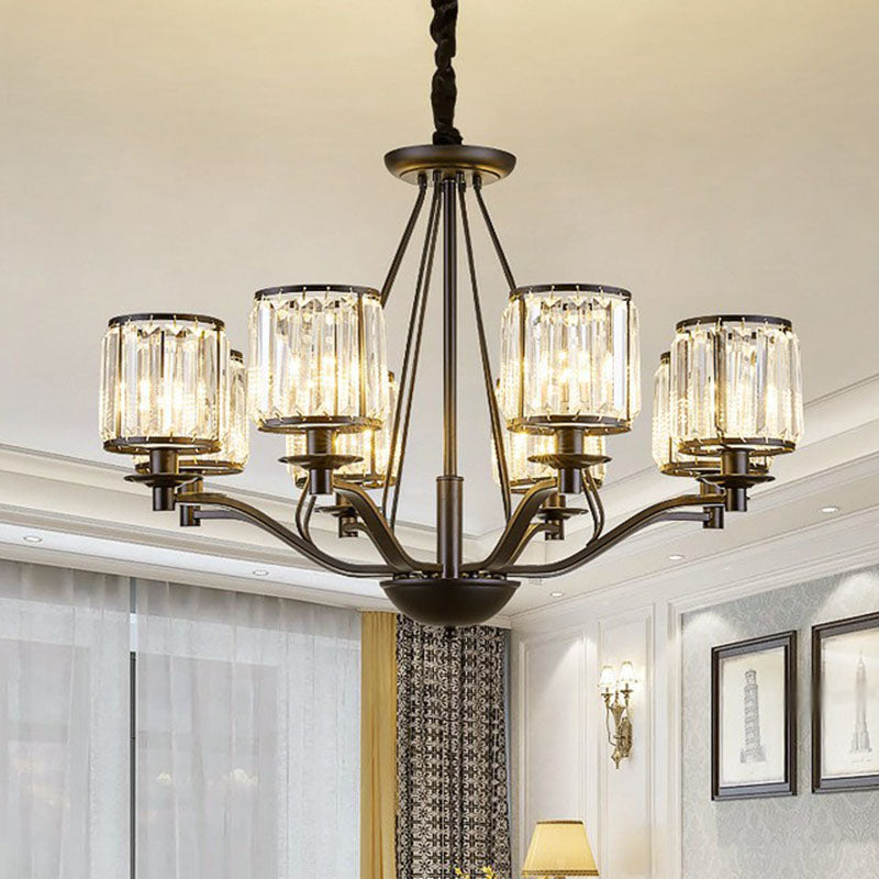 Contemporary Black Bedroom Chandelier Light With Crystal Cylinder Shade