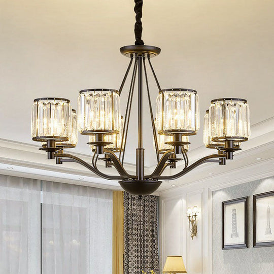 Contemporary Black Bedroom Chandelier Light With Crystal Cylinder Shade