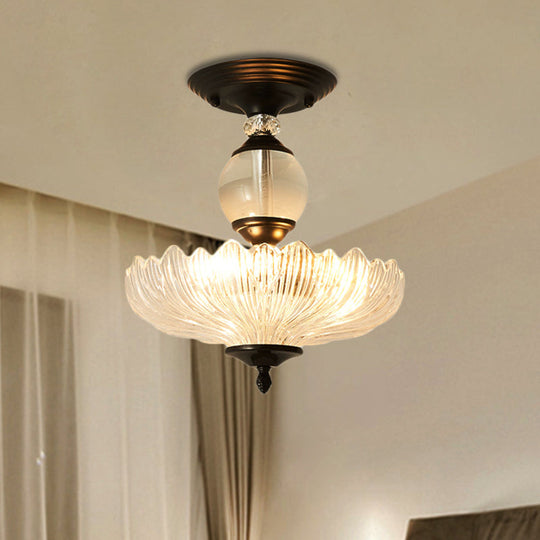 Modern Ribbed Glass Semi Flush Mount Light In Black/Gold - 12/16 Diameter 1 Crystal Ceiling Lamp