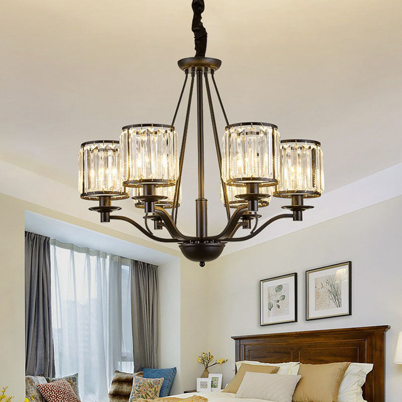 Contemporary Black Bedroom Chandelier Light With Crystal Cylinder Shade