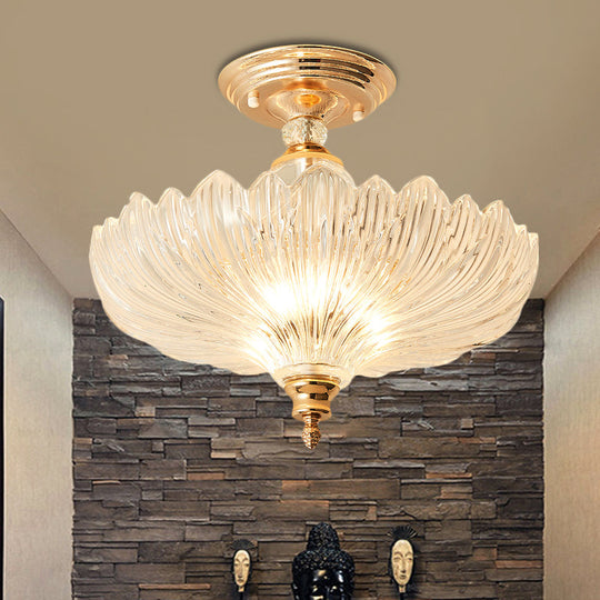 Modern Ribbed Glass Semi Flush Mount Light In Black/Gold - 12/16 Diameter 1 Crystal Ceiling Lamp