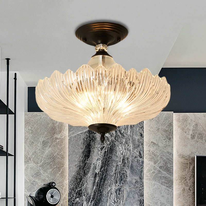 Modern Ribbed Glass Semi Flush Mount Light in Black/Gold - 12"/16" Diameter - 1 Crystal Light - Ceiling Lamp