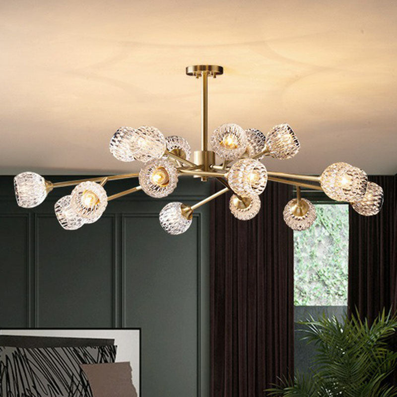 Gold Finish Chandelier With Metallic Branch Design And Clear Crystal Shade