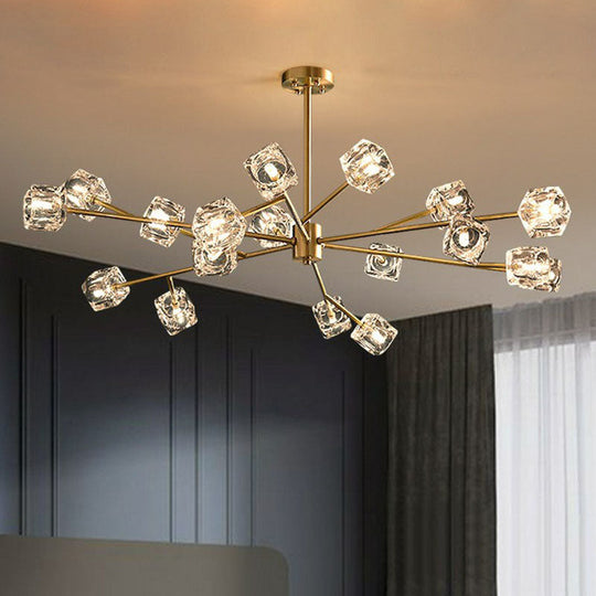 Modern Gold Branch Chandelier Lamp With Clear Crystal Cube - Living Room Suspension Light