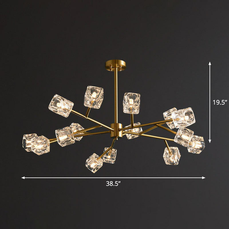 Modern Gold Branch Chandelier Lamp With Clear Crystal Cube - Living Room Suspension Light 15 /