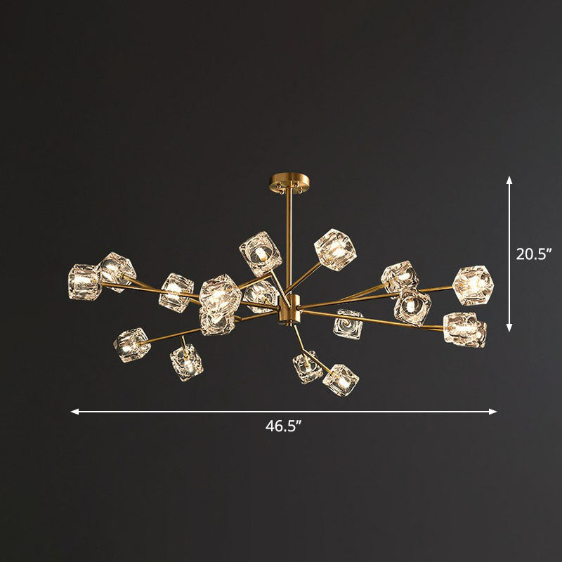 Modern Gold Branch Chandelier Lamp With Clear Crystal Cube - Living Room Suspension Light 18 /