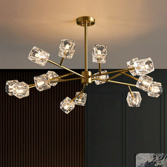 Modern Gold Branch Chandelier Lamp With Clear Crystal Cube - Living Room Suspension Light