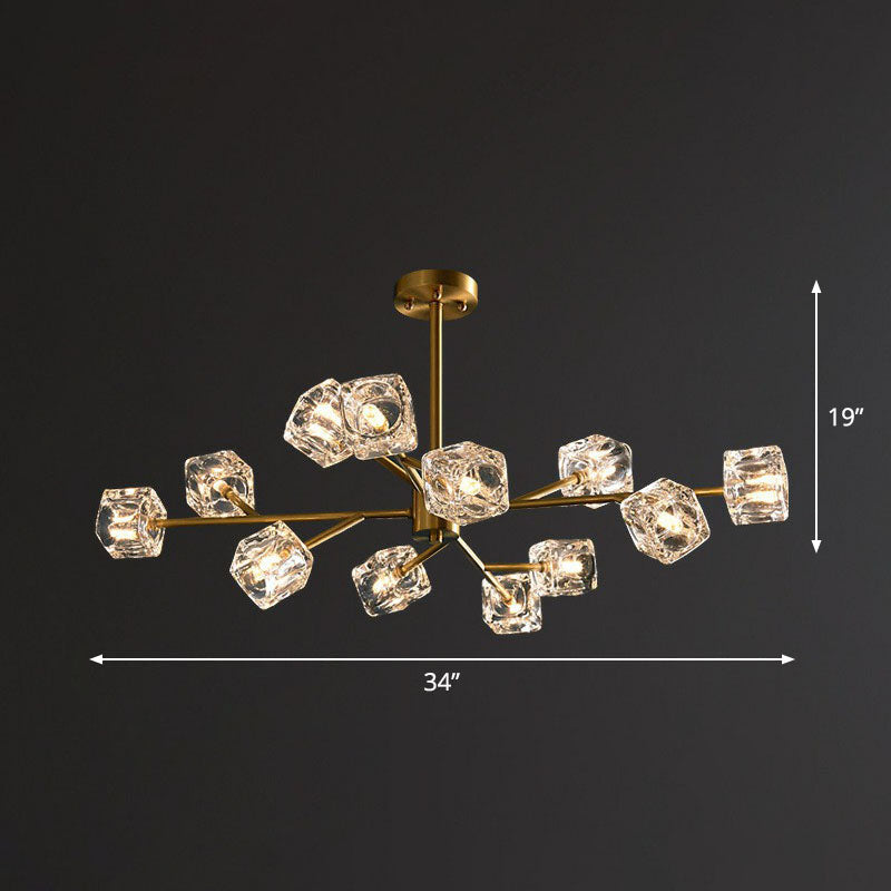 Modern Gold Branch Chandelier Lamp With Clear Crystal Cube - Living Room Suspension Light 12 /