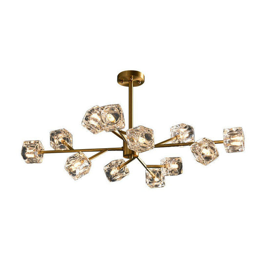 Modern Gold Branch Chandelier Lamp With Clear Crystal Cube - Living Room Suspension Light