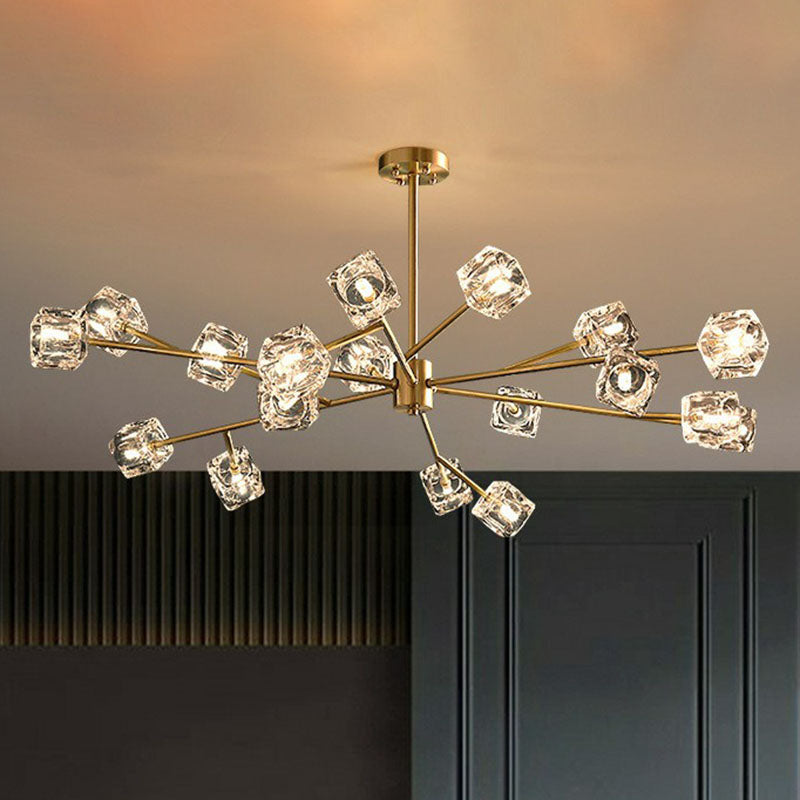 Modern Gold Branch Chandelier Lamp With Clear Crystal Cube - Living Room Suspension Light