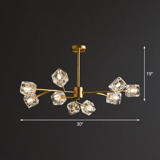 Modern Gold Branch Chandelier Lamp With Clear Crystal Cube - Living Room Suspension Light 9 /