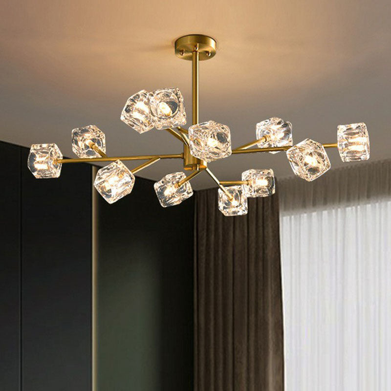 Modern Gold Branch Chandelier Lamp With Clear Crystal Cube - Living Room Suspension Light