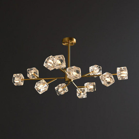 Modern Gold Branch Chandelier Lamp With Clear Crystal Cube - Living Room Suspension Light