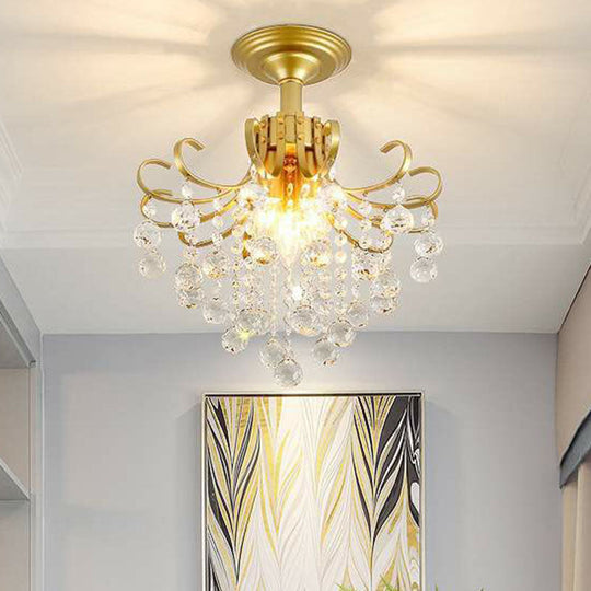 Classic Swirl Ceiling Flush Light With Crystal Ball - Single Metal Semi Mount Lighting Gold