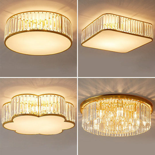 Gold Flush Mount Ceiling Lamp with Crystal Drum Shade for Modern Bedrooms