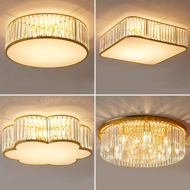 Gold Flush Mount Ceiling Lamp With Crystal Drum Shade For Modern Bedrooms