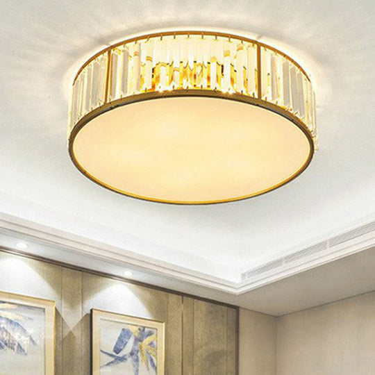 Gold Flush Mount Ceiling Lamp with Crystal Drum Shade for Modern Bedrooms