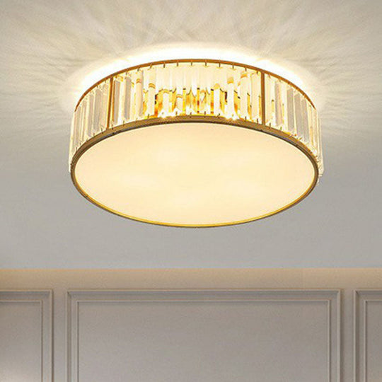 Gold Flush Mount Ceiling Lamp with Crystal Drum Shade for Modern Bedrooms