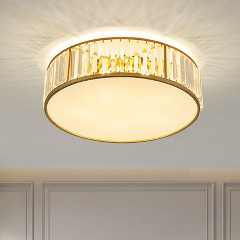 Gold Flush Mount Ceiling Lamp With Crystal Drum Shade For Modern Bedrooms