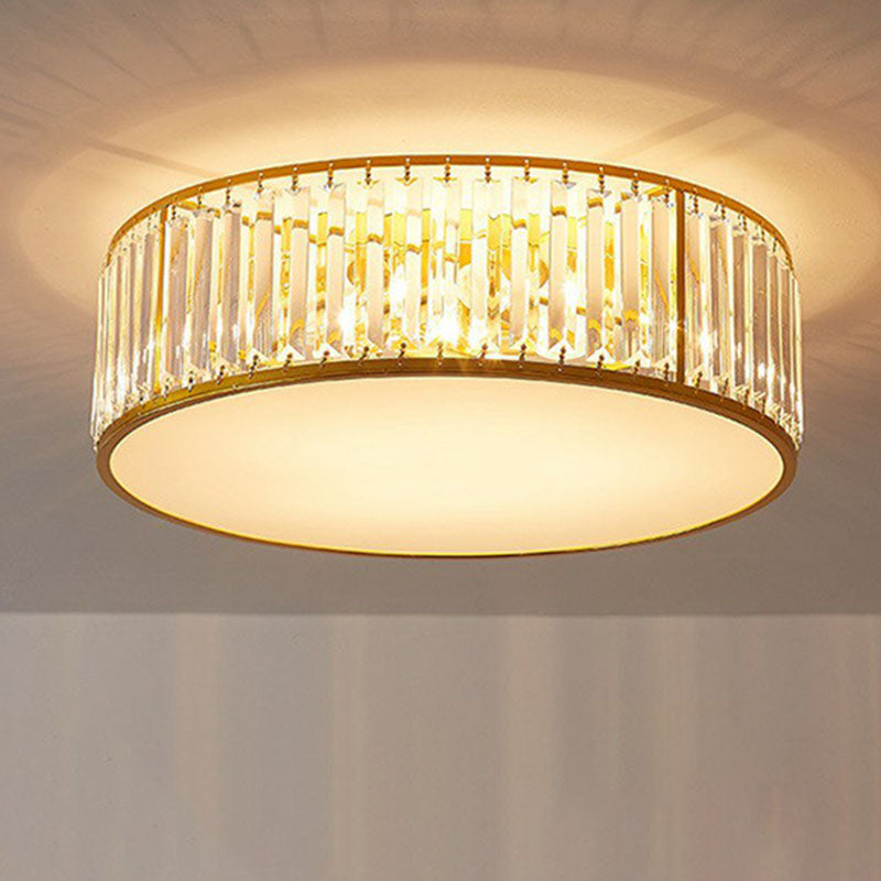 Gold Flush Mount Ceiling Lamp with Crystal Drum Shade for Modern Bedrooms