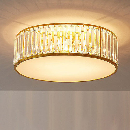 Gold Flush Mount Ceiling Lamp With Crystal Drum Shade For Modern Bedrooms