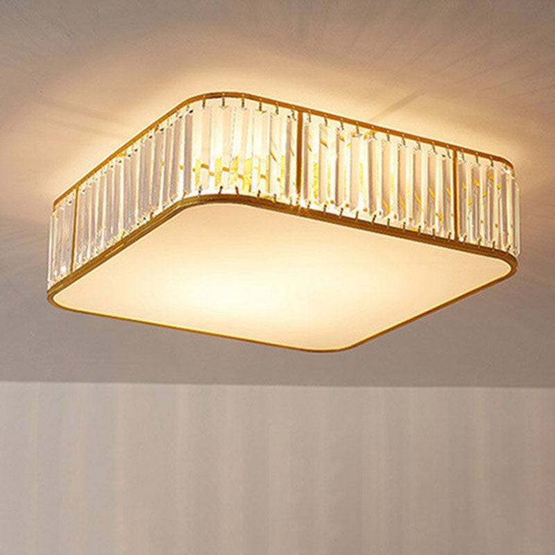 Gold Flush Mount Ceiling Lamp with Crystal Drum Shade for Modern Bedrooms