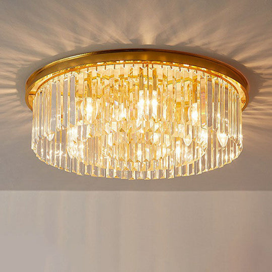 Gold Flush Mount Ceiling Lamp with Crystal Drum Shade for Modern Bedrooms