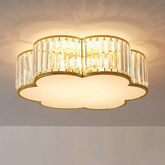 Gold Flush Mount Ceiling Lamp with Crystal Drum Shade for Modern Bedrooms