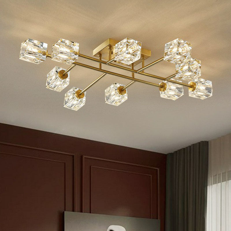 Post-Modern Crystal Cube Ceiling Light with Gold Finish