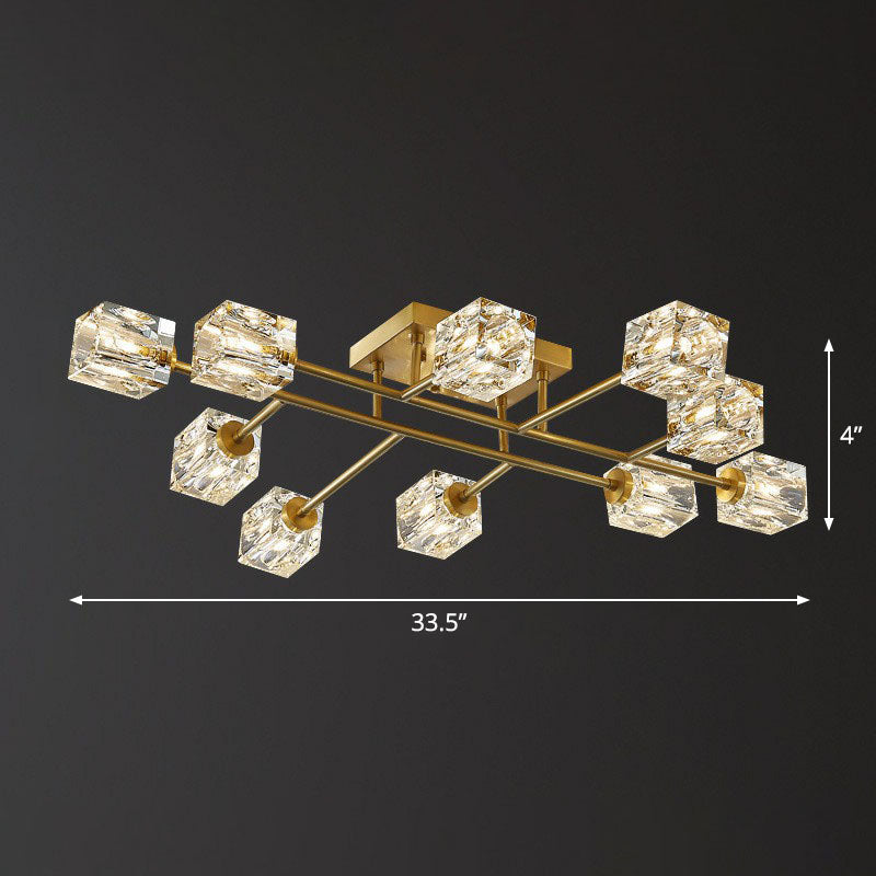 Post-Modern Crystal Cube Ceiling Light with Gold Finish