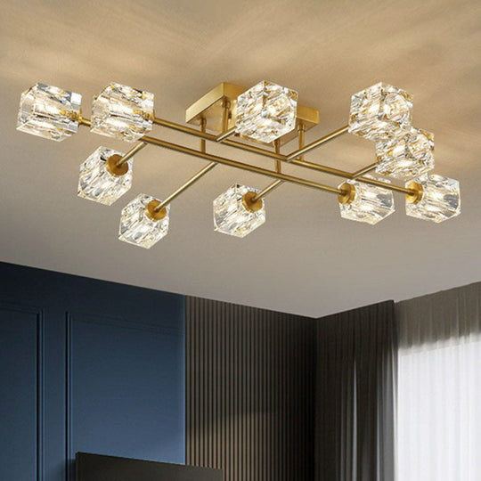 Post-Modern Crystal Cube Ceiling Light with Gold Finish