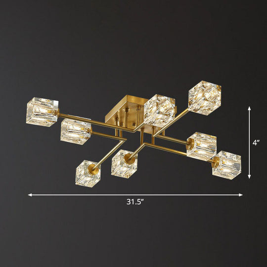 Post-Modern Crystal Cube Ceiling Light with Gold Finish