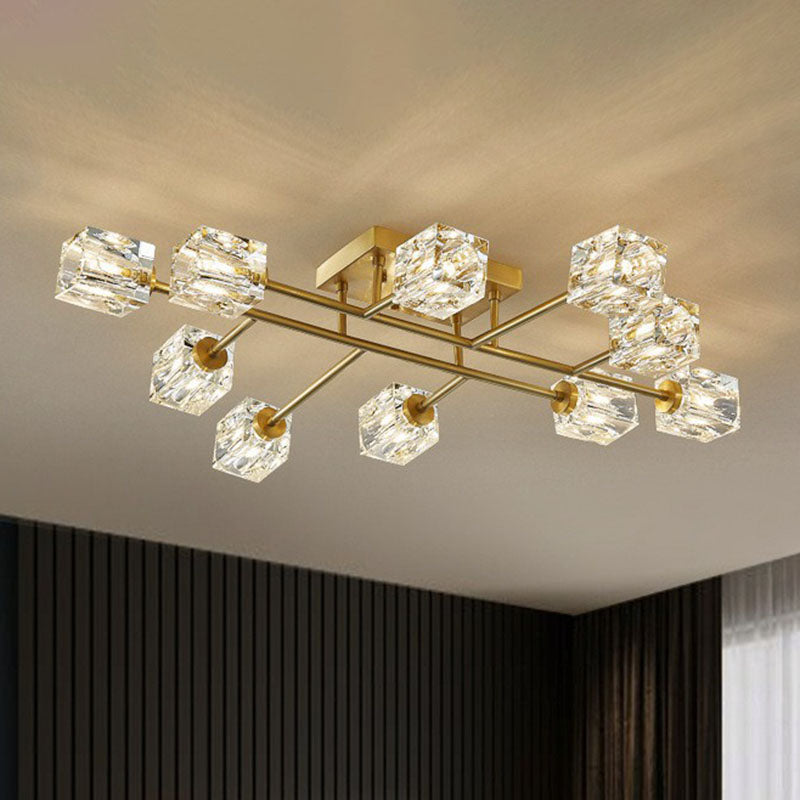 Post-Modern Crystal Cube Ceiling Light with Gold Finish