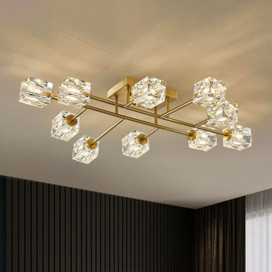 Post-Modern Crystal Cube Ceiling Light With Gold Finish