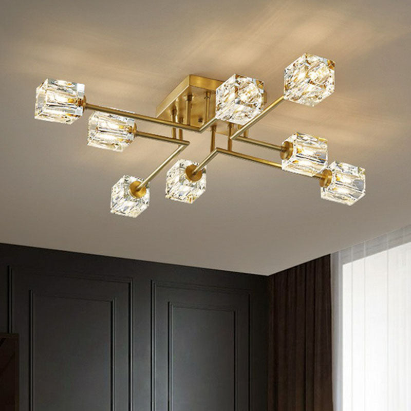 Post-Modern Crystal Cube Ceiling Light with Gold Finish