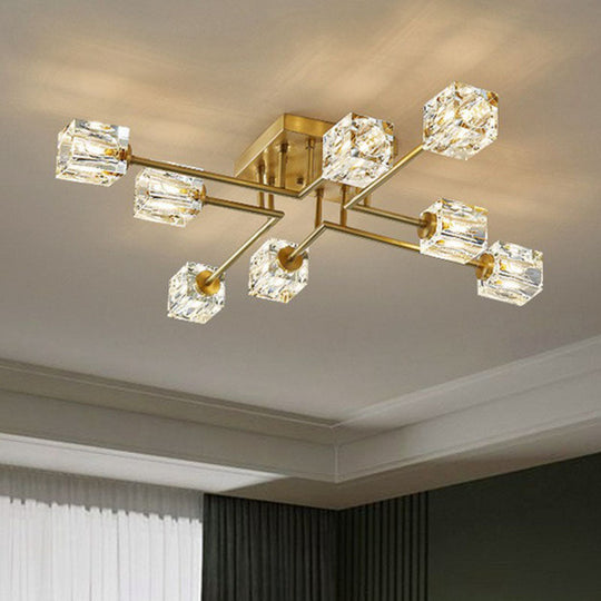 Post-Modern Crystal Cube Ceiling Light with Gold Finish