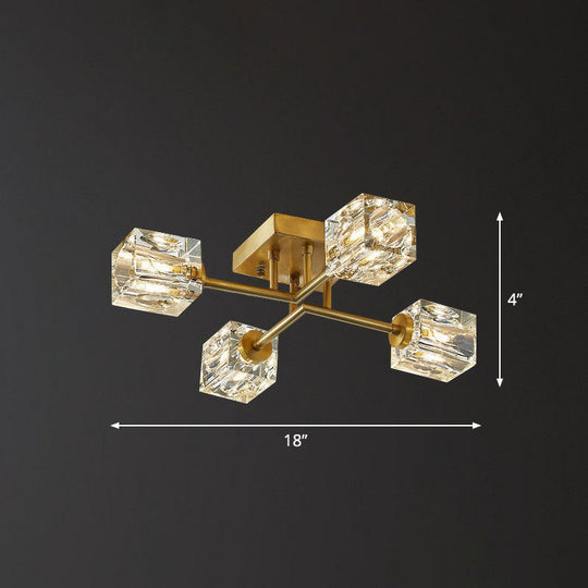 Post-Modern Crystal Cube Ceiling Light with Gold Finish