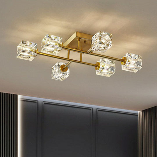 Post-Modern Crystal Cube Ceiling Light with Gold Finish