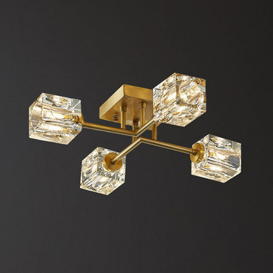 Post-Modern Crystal Cube Ceiling Light with Gold Finish