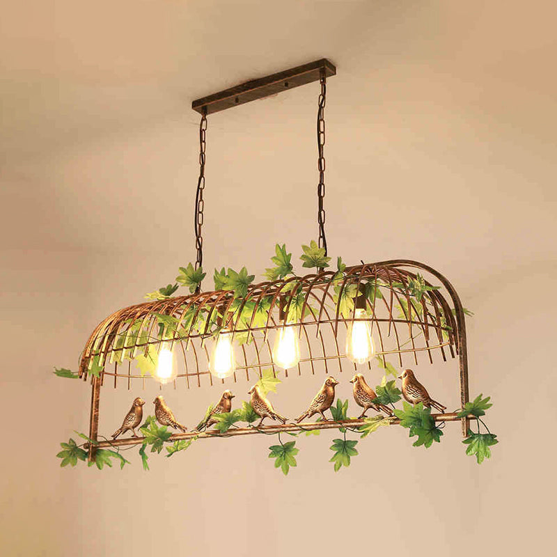 Rustic Iron Bird Cage Pendant Light With Ivy Decor - Industrial Hanging Island For Restaurants Rust