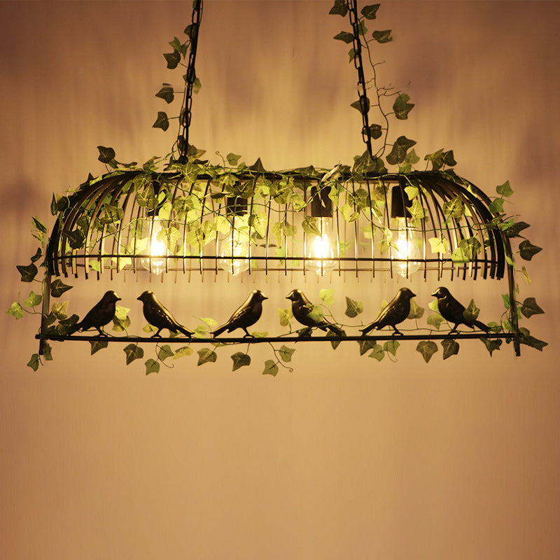 Antique Iron Birdcage Suspension Light with Green Artificial Ivy - Perfect for Restaurant Island Chandelier