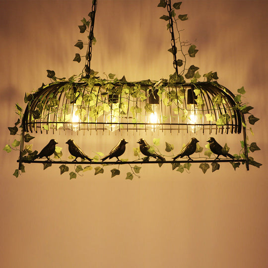 Iron Birdcage Suspension Light: Antique Restaurant Island Chandelier With Green Artificial Ivy 4 /