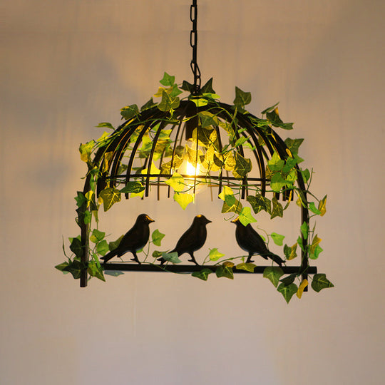 Iron Birdcage Suspension Light: Antique Restaurant Island Chandelier With Green Artificial Ivy 1 /