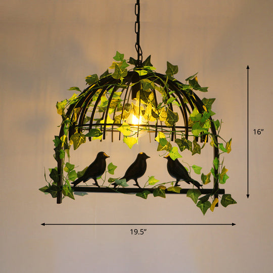 Antique Iron Birdcage Suspension Light with Green Artificial Ivy - Perfect for Restaurant Island Chandelier